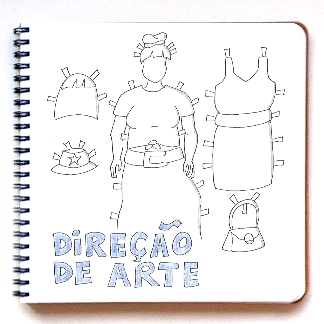 Thumbnail do episódio 7 de título Direção de Arte. Mostra um manequim ou pessoa com várias opções de trajes ao lado, desde vestidos, bolsas, chapeu e peruca