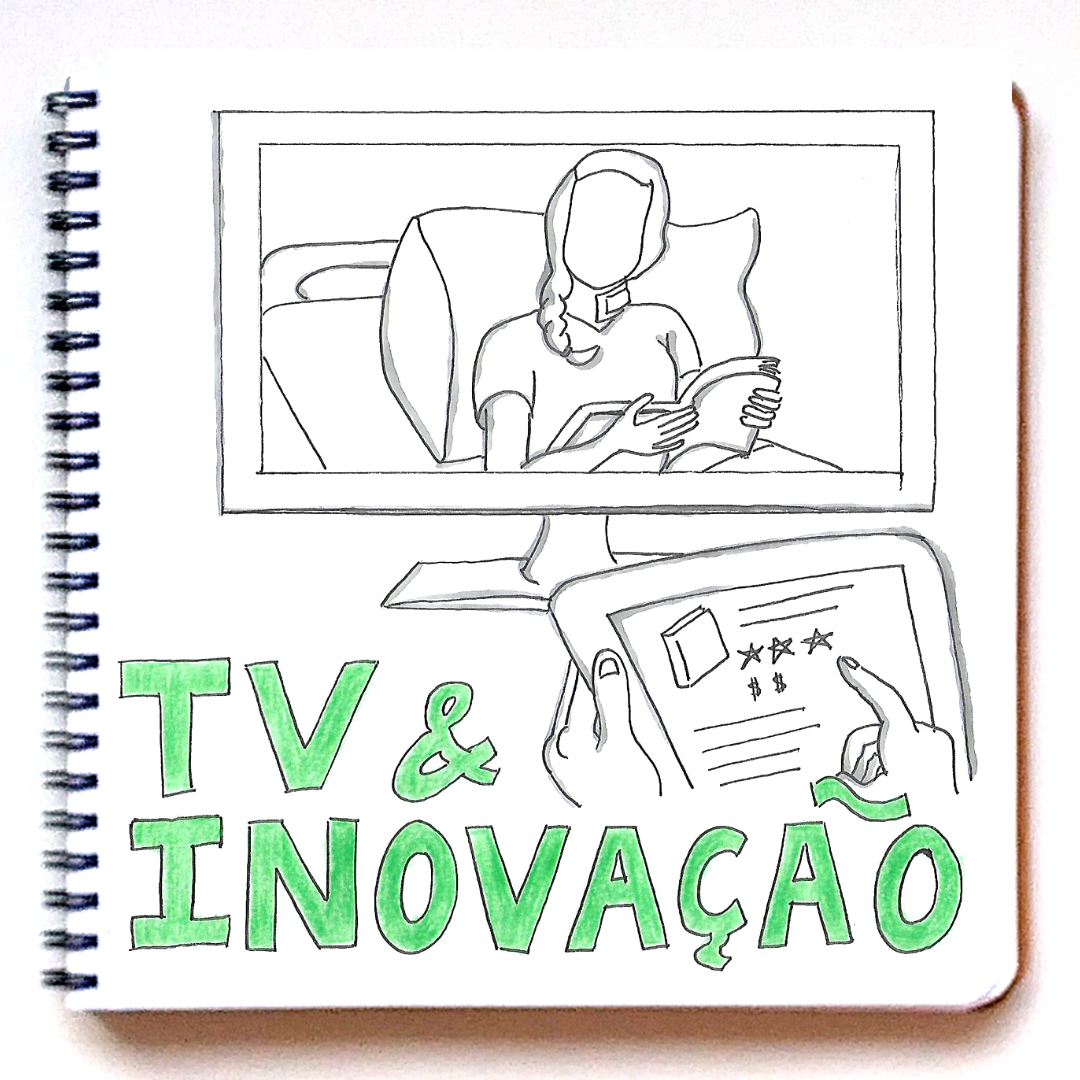 thumbnail do episódio 1 de título TV e Inovação. Imagem mostra uma tv, com uma pessoa dentro mexendo em um tablet. E no primeiro plano, um tablet. Há a descrição do título em palavras.